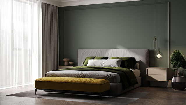 Bedroom Interior In Dark Green Style, 3d Rendering