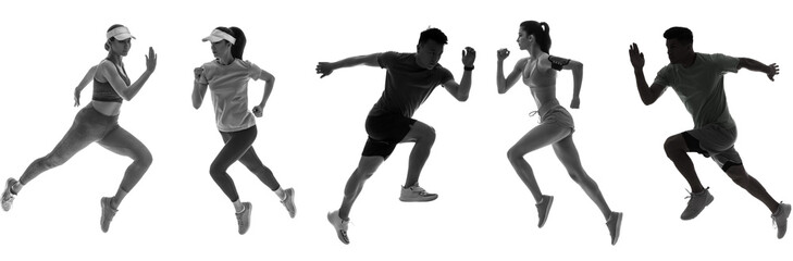 Silhouettes of running sporty people isolated on white