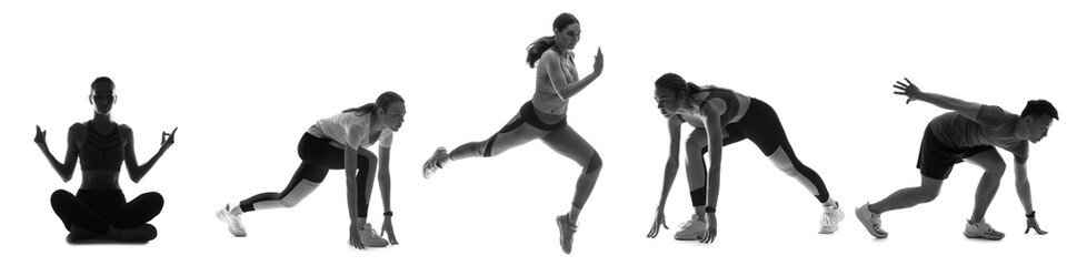 Silhouettes of different sporty people isolated on white