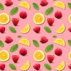 Many ripe raspberries, lemon slices and mint leaves on pink background. Pattern for design