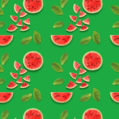 Many ripe watermelon slices and mint leaves on green background. Pattern for design