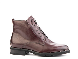 Men's autumn brown leather jodhpur boots with laces and average heels, isolated white background. Right side view. Fashion shoes.