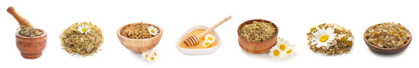Set of healthy chamomile tea isolated on white