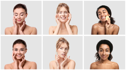 Collage with beautiful young women taking care of their skin on light background