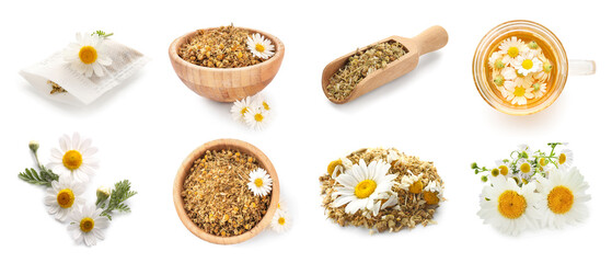 Set of healthy dry chamomile flowers and tea isolated on white