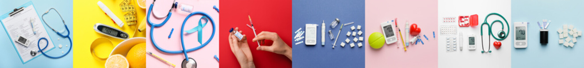 Collage of digital glucometers with healthy products, syringes, bottle of insulin and pills, top view