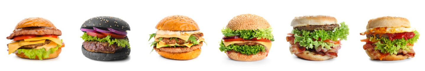 Set of different tasty burgers isolated on white