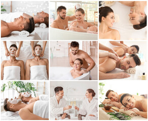Collage with young couples relaxing in spa salon