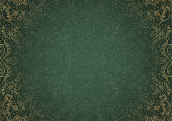 Hand-drawn unique abstract ornament. Light green on a dark warm green background, with vignette in golden glitter on darker background color. Paper texture. Digital artwork, A4. (pattern: p06a)