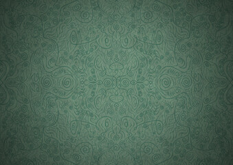 Hand-drawn unique abstract symmetrical seamless ornament. Dark semi transparent green on a light cold green with vignette of a darker background color. Paper texture. A4. (pattern: p06a)