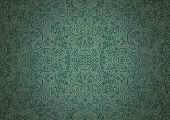 Hand-drawn unique abstract ornament. Dark green on light cold green background, with vignette of darker background color and splatters of golden glitter. Paper texture. A4. (pattern: p06a)