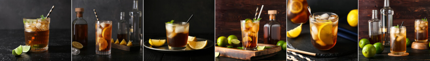 Glasses of tasty Long Island iced tea on dark background