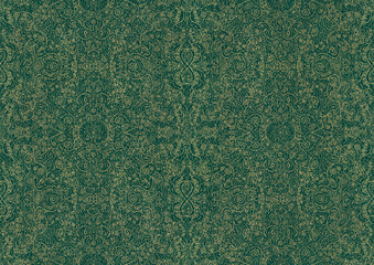 Hand-drawn unique abstract symmetrical seamless gold ornament and splatters of golden glitter on a dark cold green background. Paper texture. Digital artwork, A4. (pattern: p06b)