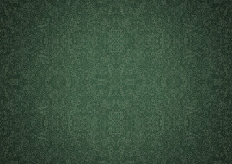 Fototapeta premium Hand-drawn unique abstract symmetrical seamless ornament. Bright green on a deep warm green with vignette of a darker background color. Paper texture. Digital artwork, A4. (pattern: p06b)