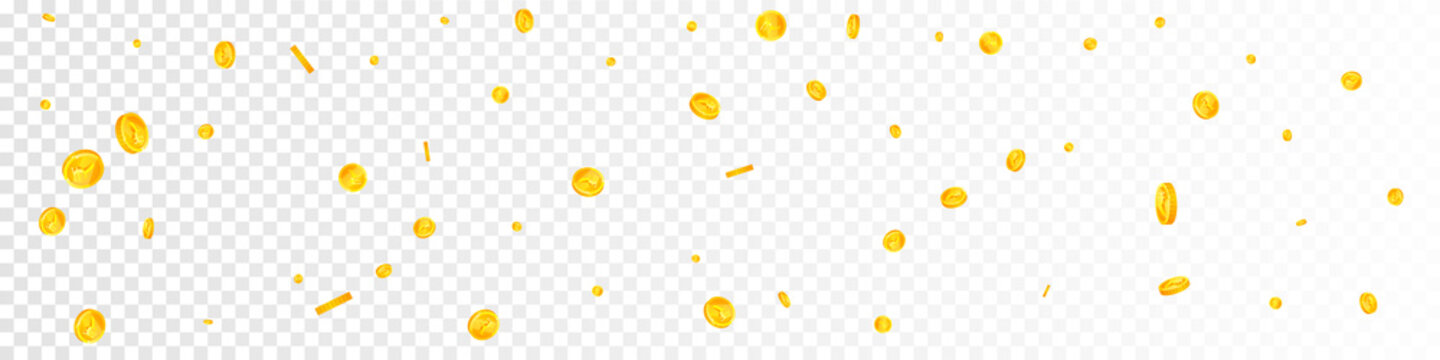 Indian rupee coins falling. Breathtaking scattered INR coins. India money. Extra jackpot, wealth or success concept. Vector illustration.