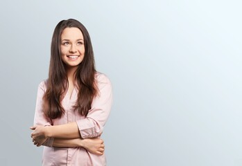 Corporate woman in office smiling, greeting business partner