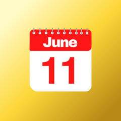 Day 11 of June month with red calendar design and yellow background with 3d shadow