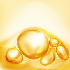 Illustration with beautiful realistic air bubbles with bright glare, floating in water or other liquid, in yellow color