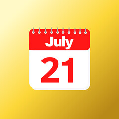 Day 21 of July month with red calendar design and yellow background with 3d shadow