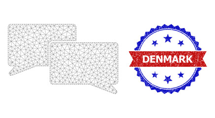 Net mesh chat polygonal model icon, and bicolor rubber Denmark seal stamp. Red stamp contains Denmark title inside ribbon and blue rosette. Vector carcass polygonal net chat icon.