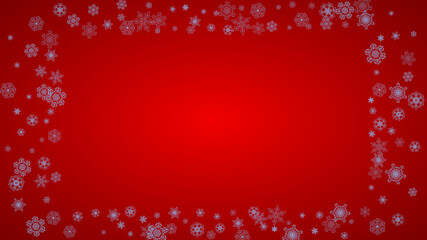 Naklejka na ściany i meble Christmas frame with snowflakes on red background. Santa Claus colors. Horizontal Christmas frame for holiday banners, cards, sales, special offers. Falling snow with bokeh and flakes for celebration