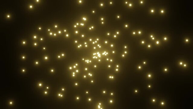 Trip into space, yellow light particles are generated on a dark background, a meteor shower flyby, fantasy animation