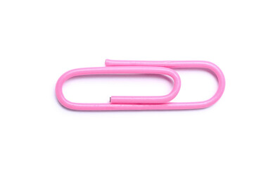Pink paper clip on white background