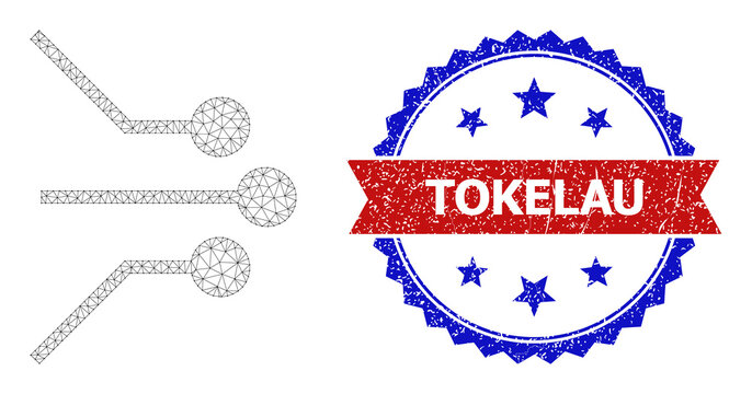 Network Circuit Linkages Polygonal Model Icon, And Bicolor Textured Tokelau Watermark. Red Stamp Seal Includes Tokelau Tag Inside Ribbon And Blue Rosette.