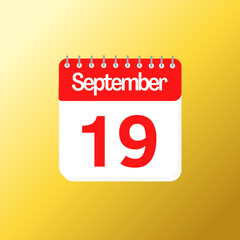 Fototapeta na wymiar Day 19 of september month with red calendar design and yellow background with 3d shadow