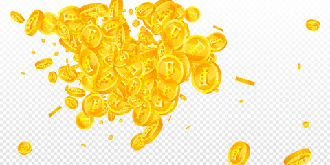 Swiss franc coins falling. Glamorous scattered CHF coins. Switzerland money. Magnificent jackpot, wealth or success concept. Vector illustration.