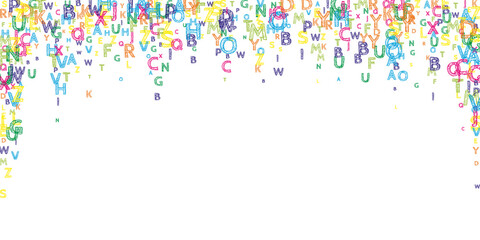 Falling letters of English language. Bright handdrawn flying words of Latin alphabet. Foreign languages study concept. Splendid back to school banner on white background.