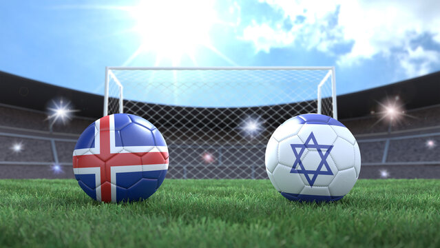 Two soccer balls in flags colors on stadium blurred background. Iceland and Israel. 3d image