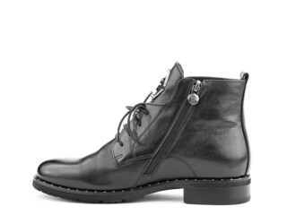 Men's autumn black leather jodhpur boots with laces and average heels, isolated white background. Left side view. Fashion shoes.