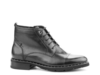 Men's autumn black leather jodhpur boots with laces and average heels, isolated white background. Right side view. Fashion shoes.