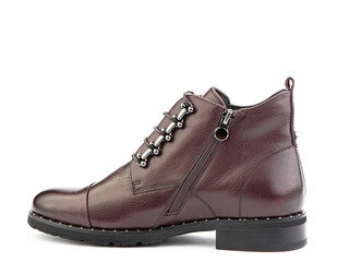 Men's autumn brown leather jodhpur boots with laces and average heels, isolated white background. Left side view. Fashion shoes.