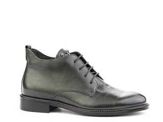 Men's autumn green leather jodhpur boots with laces and average heels, isolated white background. Right side view. Fashion shoes.