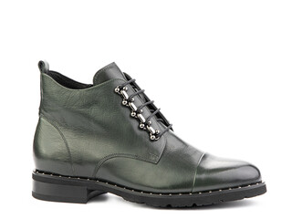 Men's autumn green leather jodhpur boots with laces and average heels, isolated white background. Right side view. Fashion shoes.