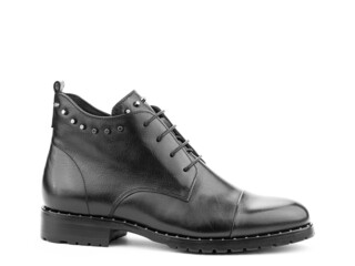 Men's autumn black leather jodhpur boots with laces and average heels, isolated white background. Right side view. Fashion shoes.
