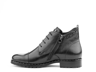 Men's autumn black leather jodhpur boots with laces and average heels, isolated white background. Left side view. Fashion shoes.
