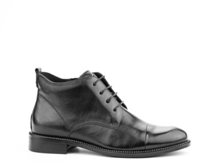 Men's autumn black leather jodhpur boots with laces and average heels, isolated white background. Right side view. Fashion shoes.