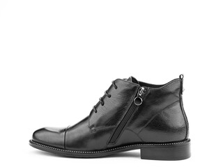 Men's autumn black leather jodhpur boots with laces and average heels, isolated white background. Left side view. Fashion shoes.
