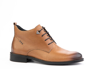 Men's autumn brown leather jodhpur boots with laces and average heels, isolated white background. Right side view. Fashion shoes.