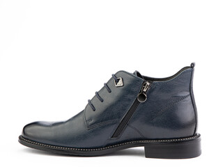 Men's autumn blue leather jodhpur boots with laces and average heels, isolated white background. Left side view. Fashion shoes.