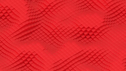 Abstract background with waves made of a lot of red cubes geometry primitive forms that goes up and down under black-white lighting. 3D illustration. 3D CG. High resolution.