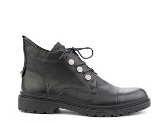 Men's autumn black leather jodhpur boots with laces and average heels, isolated white background. Right side view. Fashion shoes.