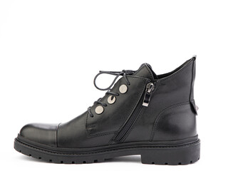 Women's autumn black leather jodhpur boots with laces and average heels, isolated white background. Left side view. Fashion shoes.