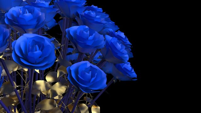 Blue rose with small gold leaves black-white background. Concept image of happy Invitation and reception sign. 3D high quality rendering. 3D illustration. High resolution.