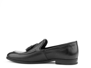 Vintage Men's Loafer Shoes. Closeup. Advertising shot. Leather shoes. Concept closeup shoes. Isolated object close up on white background.