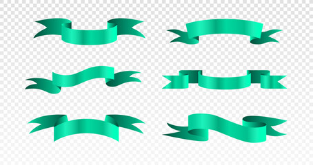Set of green ribbons. Collection of places for text and decoration of trophies and cups. Graphic elements for website. Cartoon isometric vector illustrations isolated on transparent background