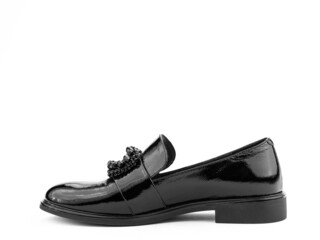 Vintage Women's Loafer Shoes. Closeup. Advertising shot. Leather shoes. Concept closeup shoes....